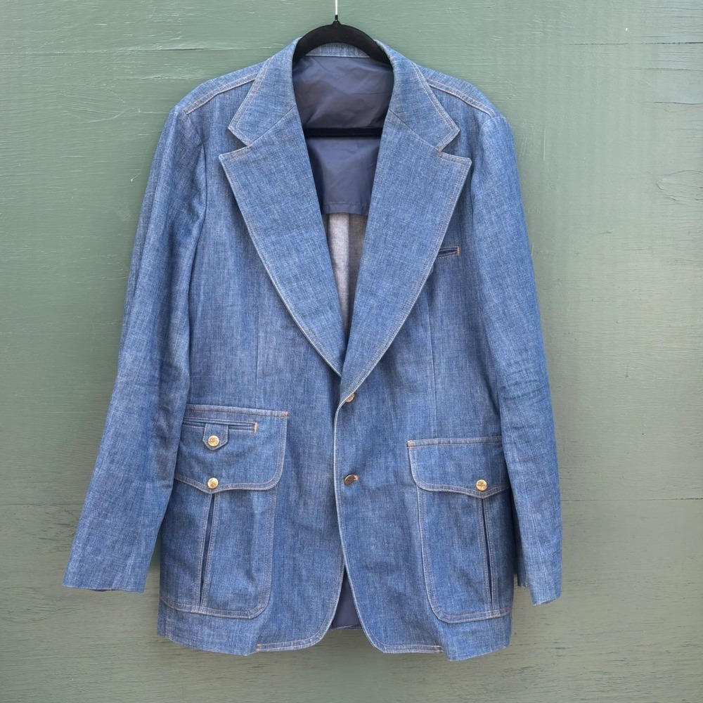 Vintage 1970s Lee Denim Blazer Safari Jacket Blue Workwear 44R USA